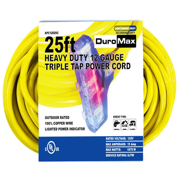 DuroMax - 25 ft 12 Gauge Triple Tap Extension Power Cord - XPC12025C