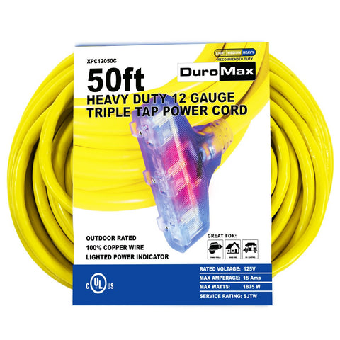 DuroMax - 50 ft 12 Gauge Triple Tap Extension Power Cord - XPC12050C