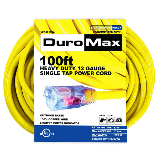 DuroMax - 100 ft. 12/3 Gauge Single Tap Extension Power Cord - XPC12100A